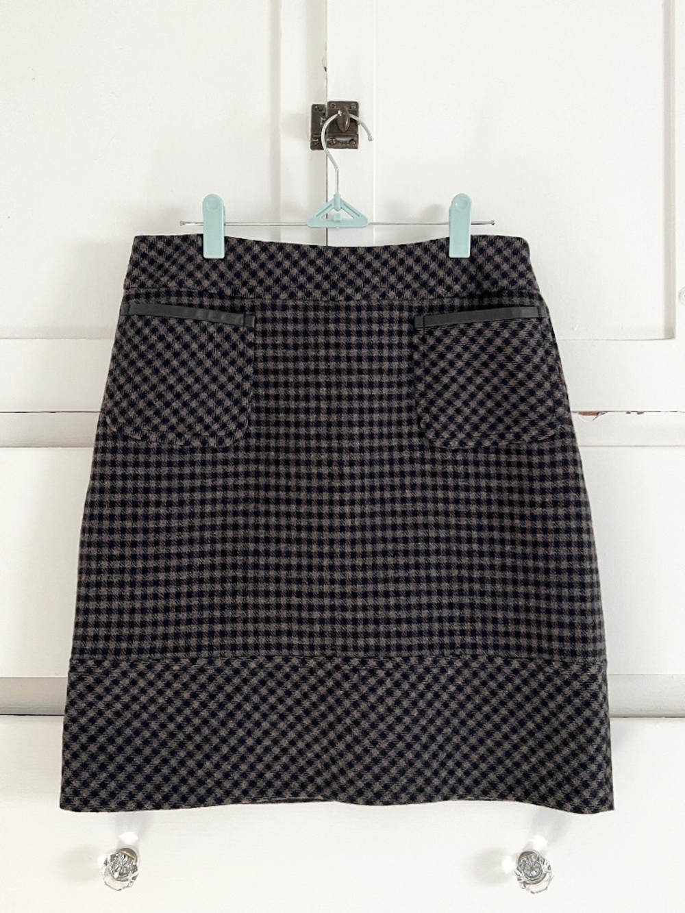 Weekend Max Mara Taupe Houndstooth Wool Skirt Leather Trim 6